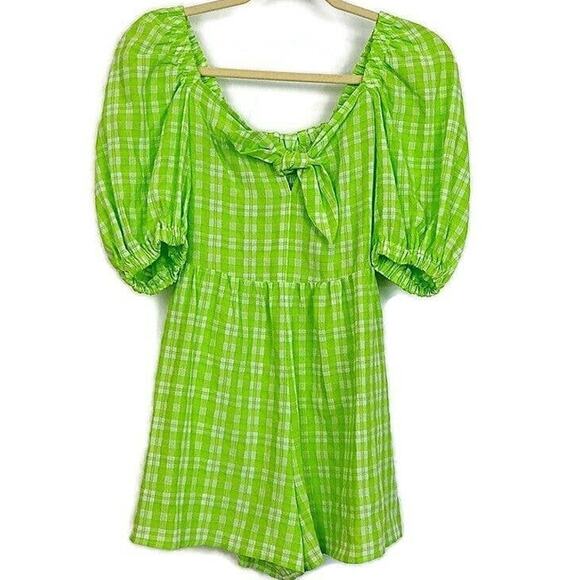 Topshop Ruched Bow Front Scoop Neck Puff Sleeve Romper US Size 2 Lime Plaid NWT - Picture 1 of 7